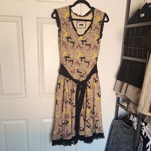 Effies Heart Raindeer Tan & Black Lace Trim Midi Dress Size Small